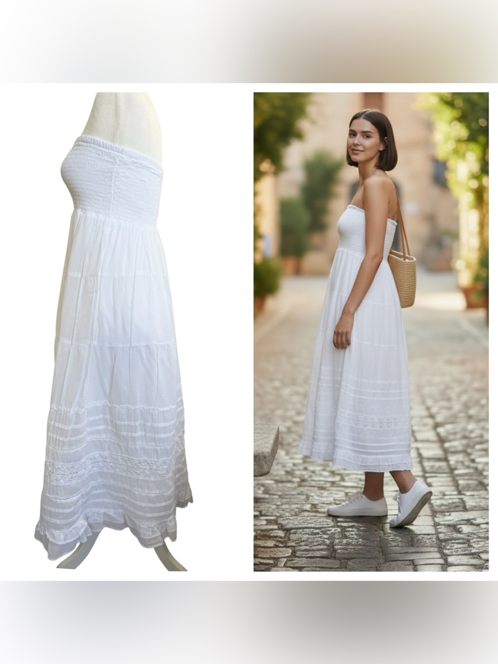 American Eagle White Cotton Midi Dress S Smocked Tiered Boho Prairie Cottagecore - Picture 2 of 13